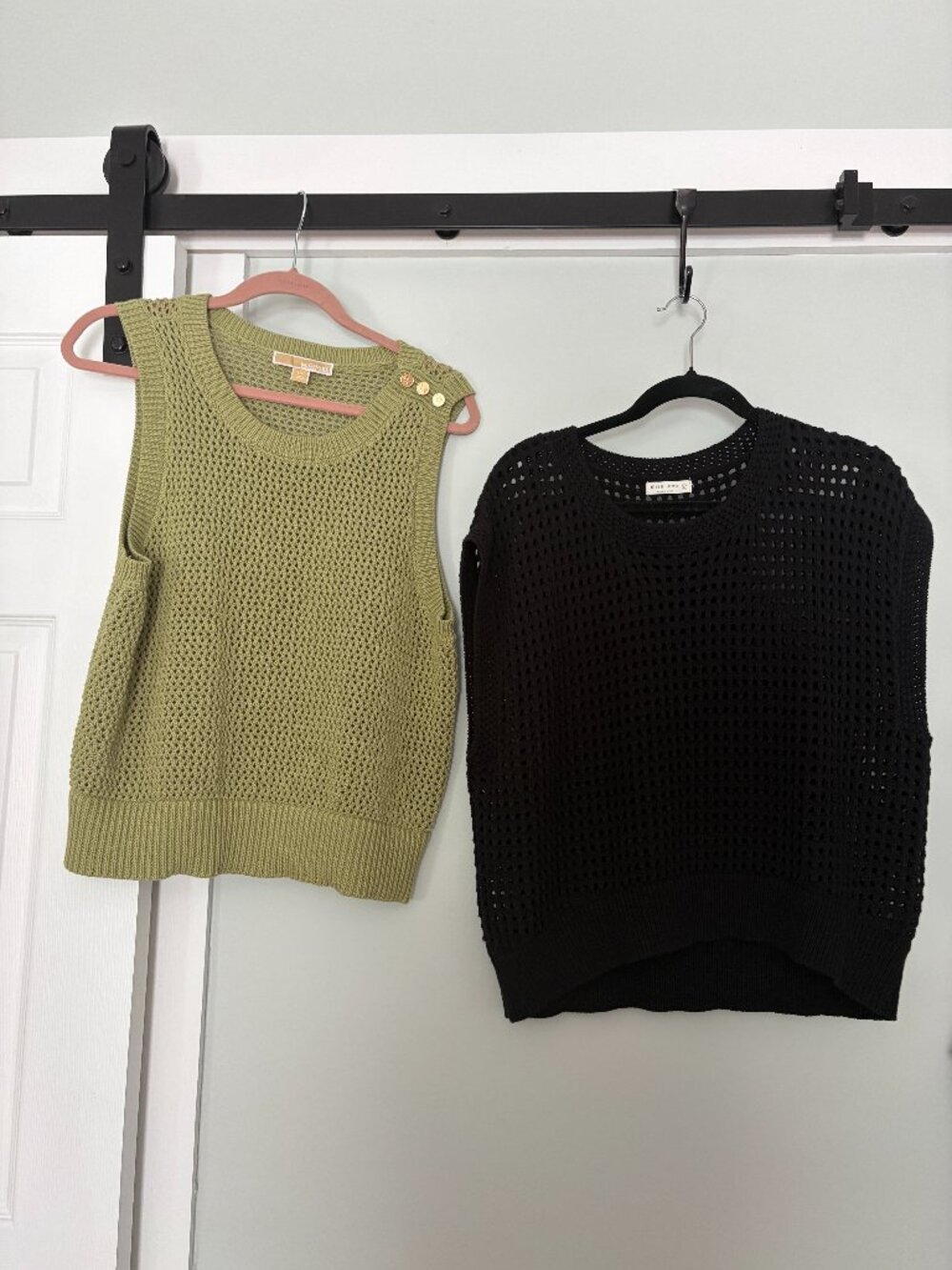 set of two crochet vests in black (cap sleeve) and green (sleeveless) size L